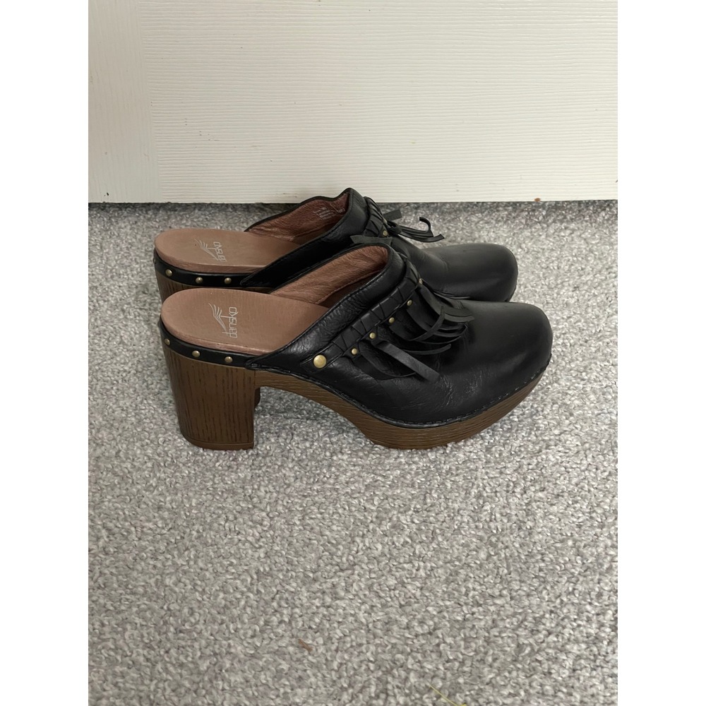 Dansko Deni Black Leather Fringe Studded Wood Block Heel Clog Mules Woman 39 EU